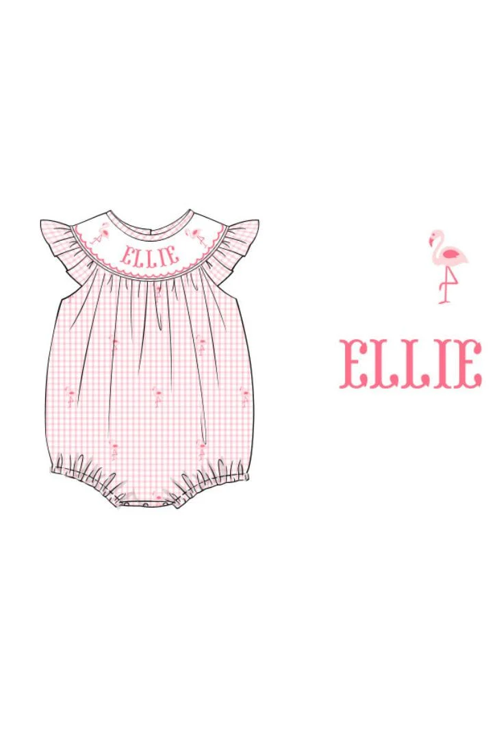 Pre-Order Custom Name Hand Smocked Pink Windowpane Flamingo Bubble