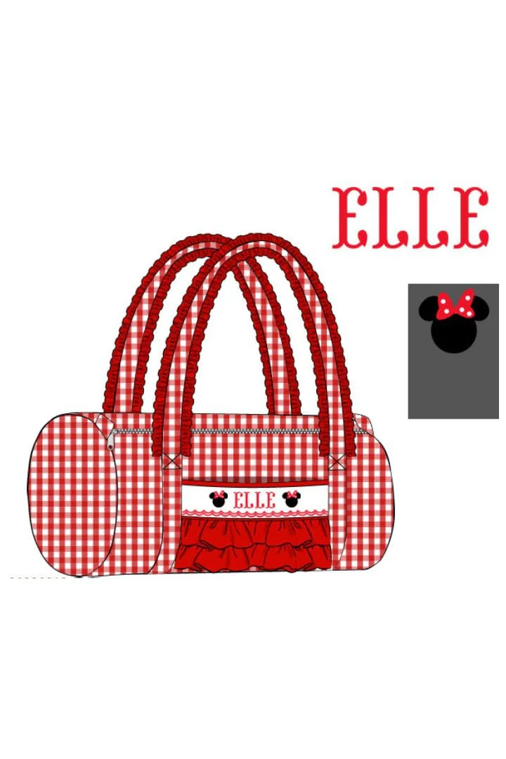 Pre-Order Custom Hand Smocked Red Gingham Mouse Duffle Bag