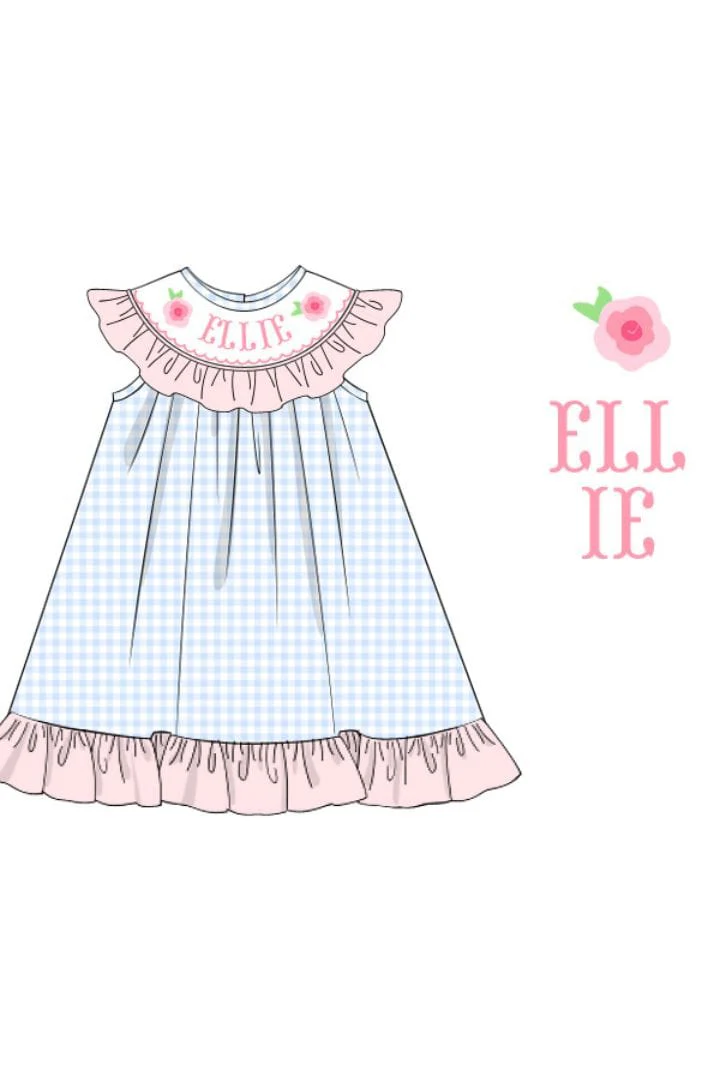 Pre-Order Custom Name Smocked Roses BLUE Gingham Dress