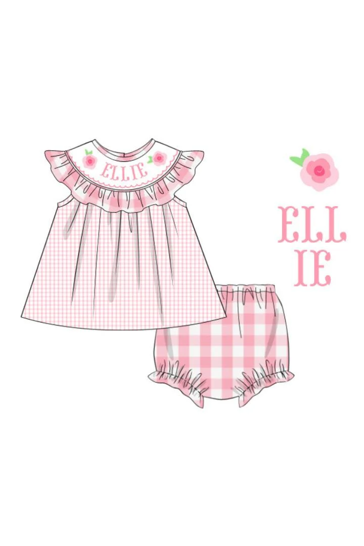 Pre-Order Custom Name Smocked Pink Rose Gingham Set