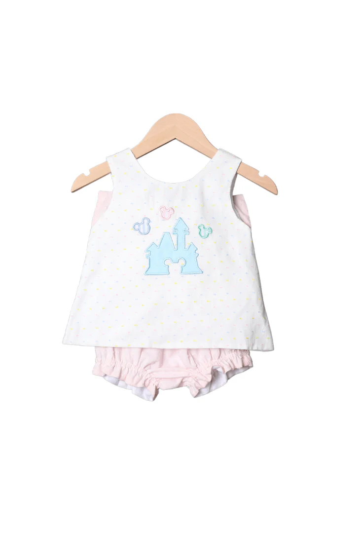 Pastel Swiss Dot Applique Magical Castle Bloomer Set