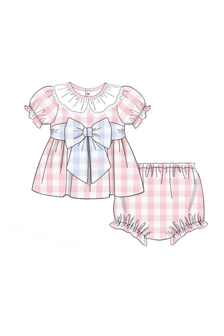 Pink and Blue Buffalo Check Ruffle Bow Bloomer Set - Image 2