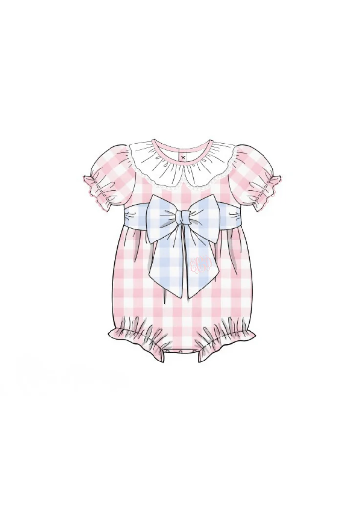 Pink and Blue Buffalo Check Ruffle Bow Bubble - Image 2