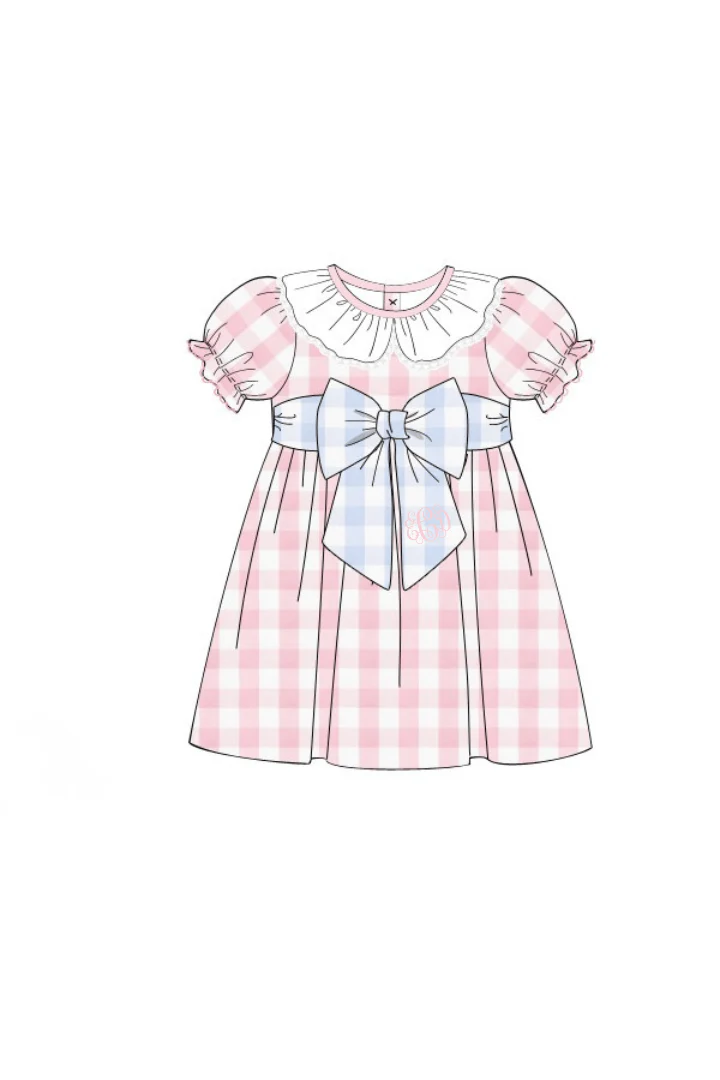 Pink and Blue Buffalo Check Ruffle Bow Dress - Image 2