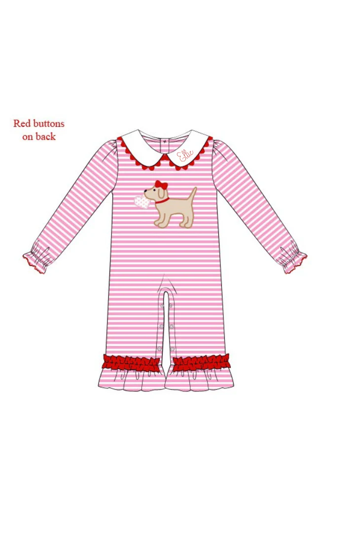 Puppy Love Pink Stripe Ruffle Romper - Image 2