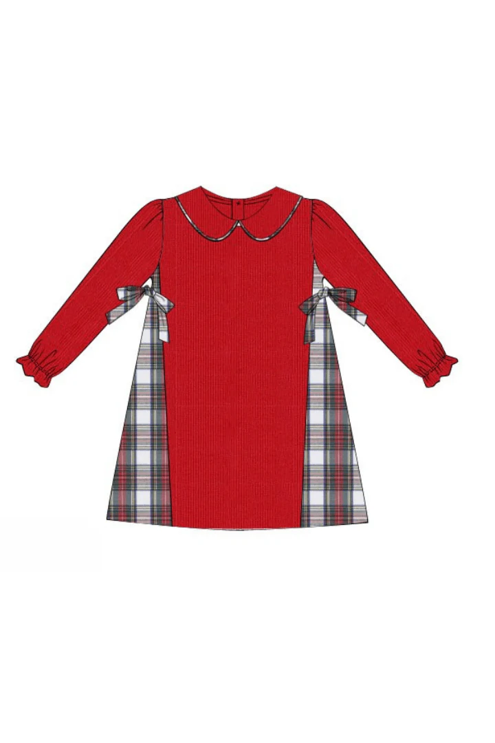 Red Corduroy Tartan Bow Dress - Image 2