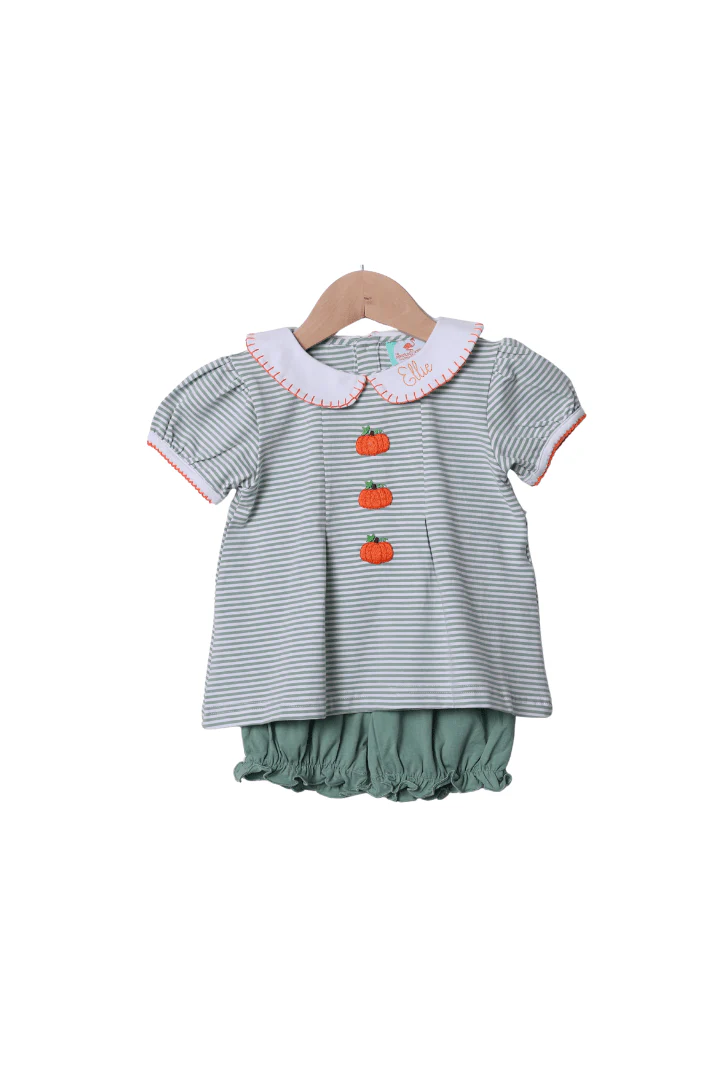 Hand Embroidered Sage Stripe Pumpkin Bloomer Set