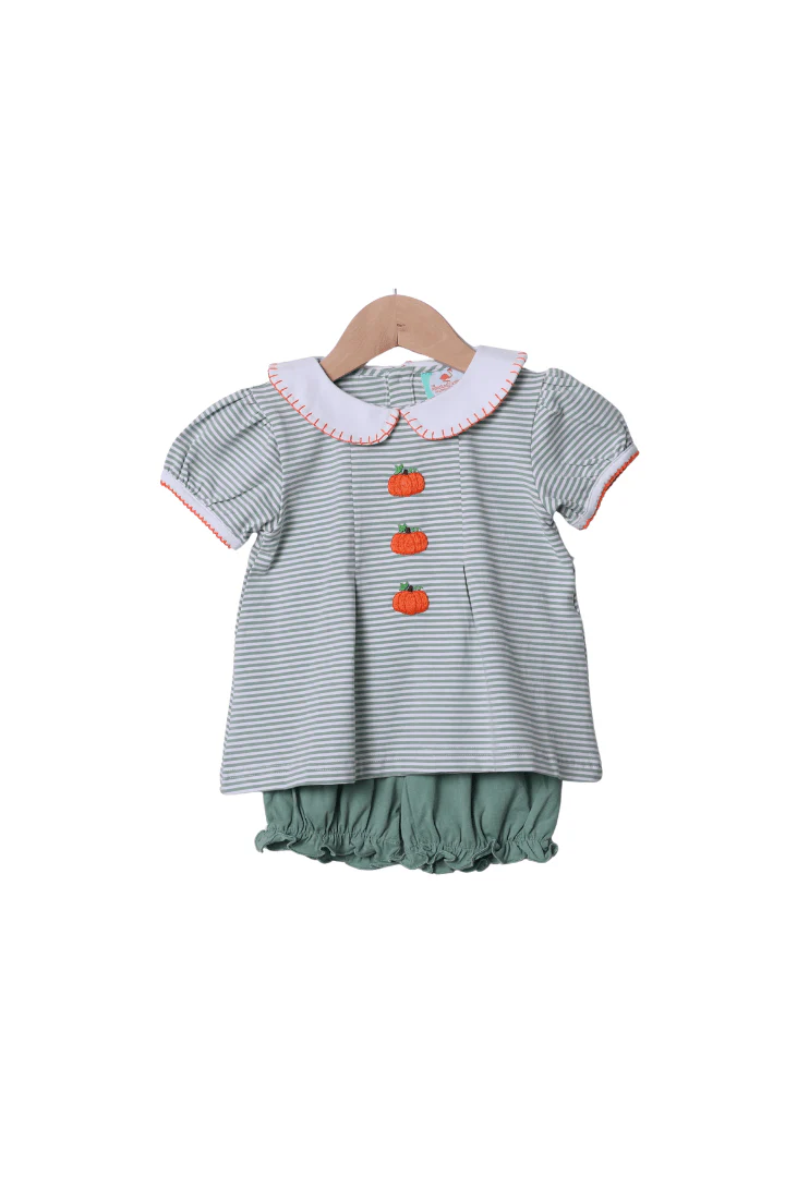 Hand Embroidered Sage Stripe Pumpkin Bloomer Set - Image 2