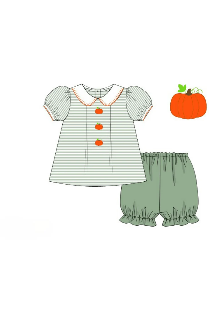 Hand Embroidered Sage Stripe Pumpkin Bloomer Set - Image 3