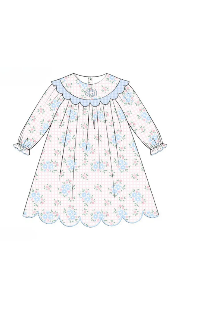 Scalloped Pink Floral and Blue Gingham Pique Dress - Image 2