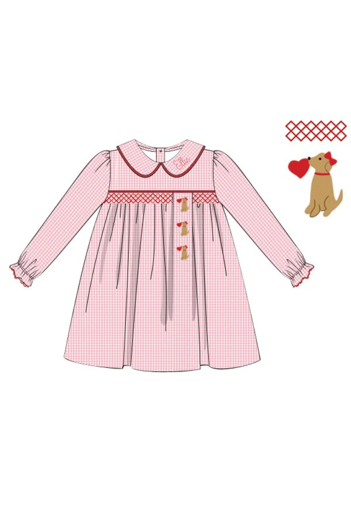 Smocked Sweet Puppy Love Pink Gingham Dress - Image 2