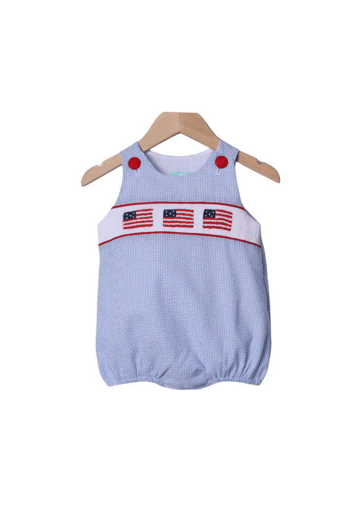 Smocked American Flag Blue Seersucker Bubble