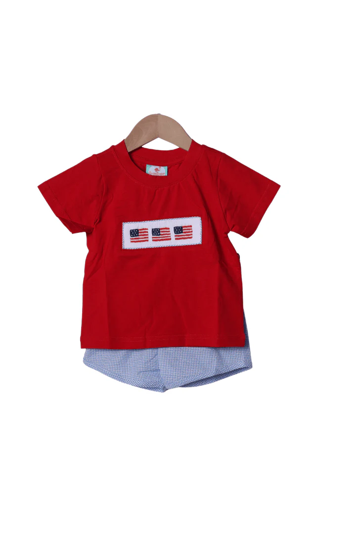 Smocked American Flag Blue Seersucker Short Set