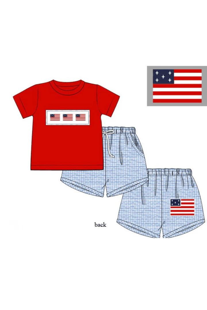 Smocked American Flag Blue Seersucker Short Set - Image 3