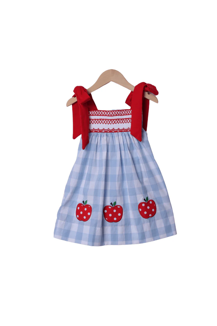 Smocked Apple Red/Blue Gingham Tie Dress