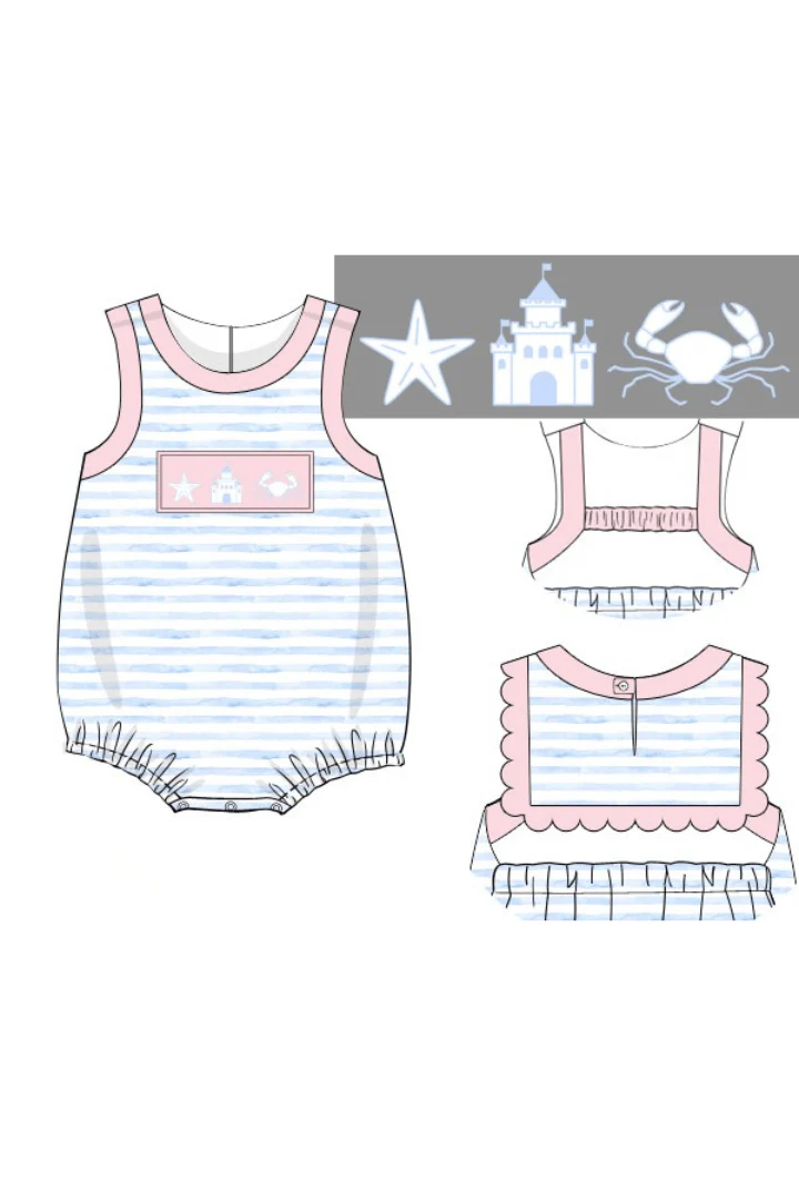 Smocked Beach Fun Pink/Blue Stripe Bubble - Image 3