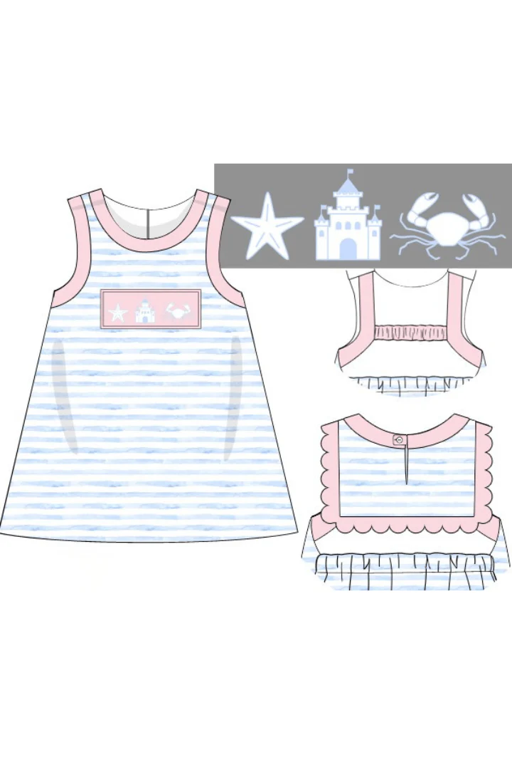 Smocked Beach Fun Pink/Blue Stripe Dress - Image 3