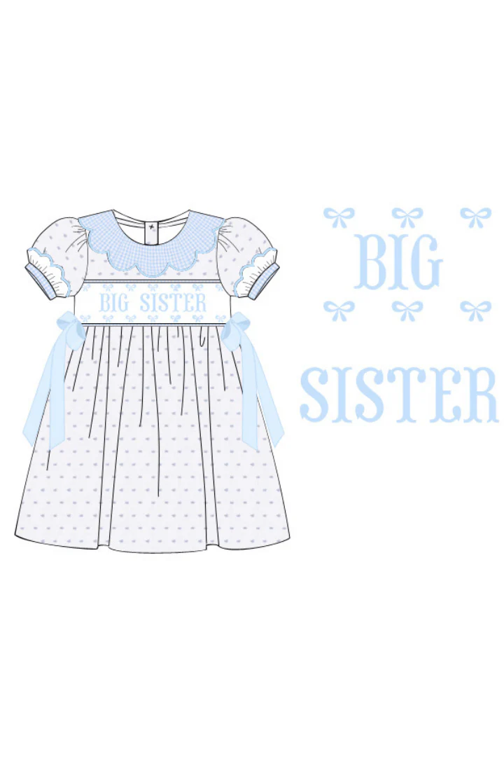 Smocked Big Sister Blue and White Swiss Dot Bow Dress - Image 2