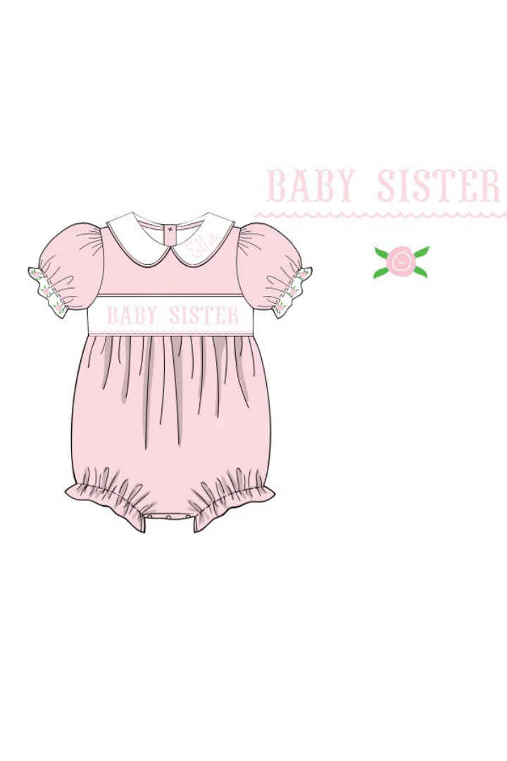 Smocked Little Sister Floret Pink Knit Bubble - Image 2
