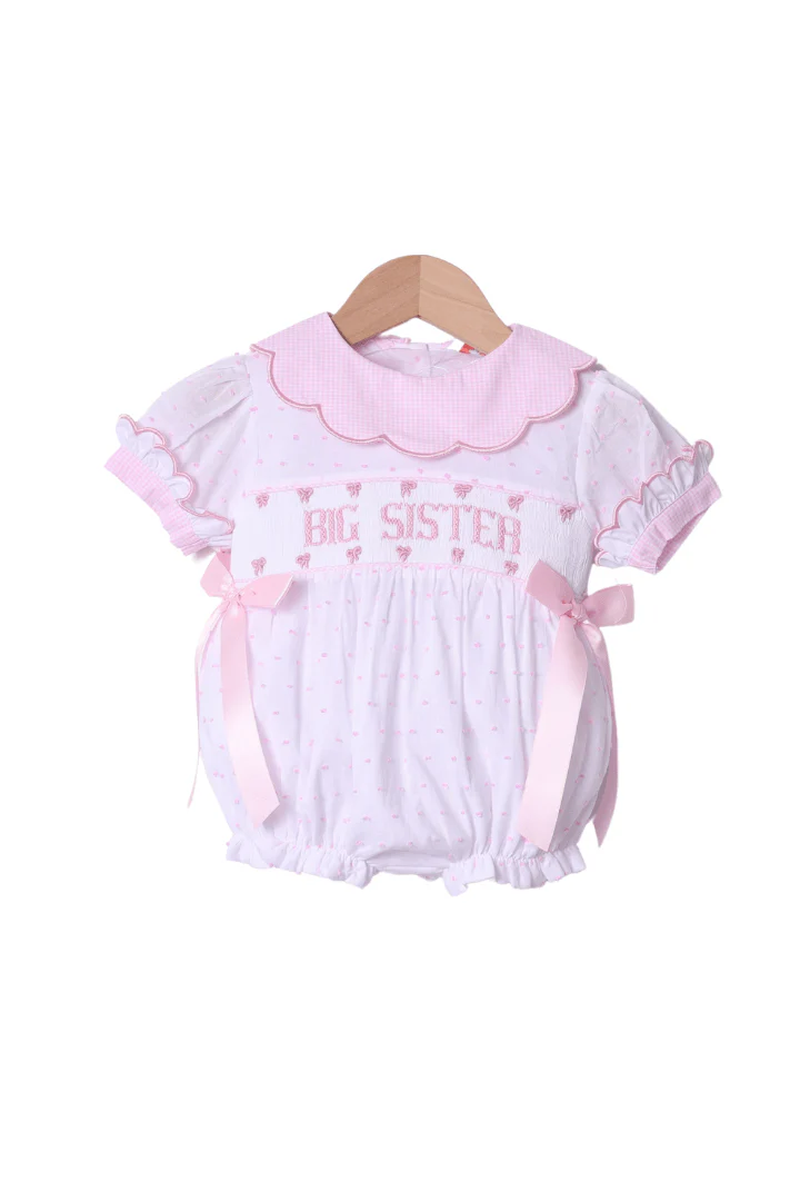 Smocked Big Sister Pink and White Swiss Dot Bow Bubble