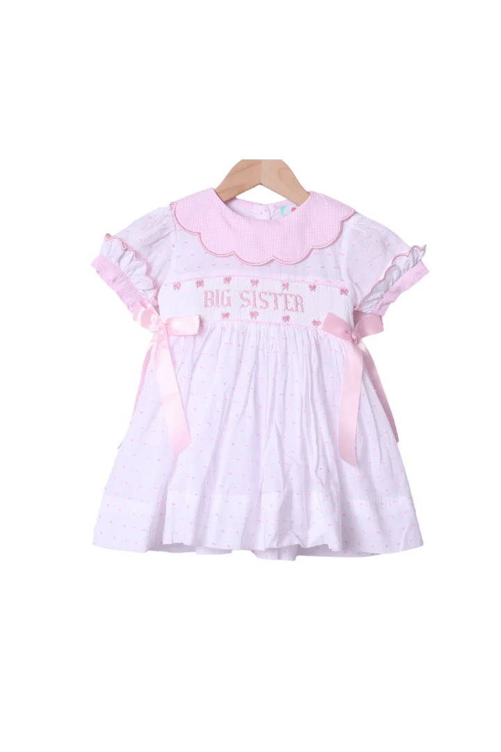 Smocked Big Sister Pink and White Swiss Dot Bow Dress