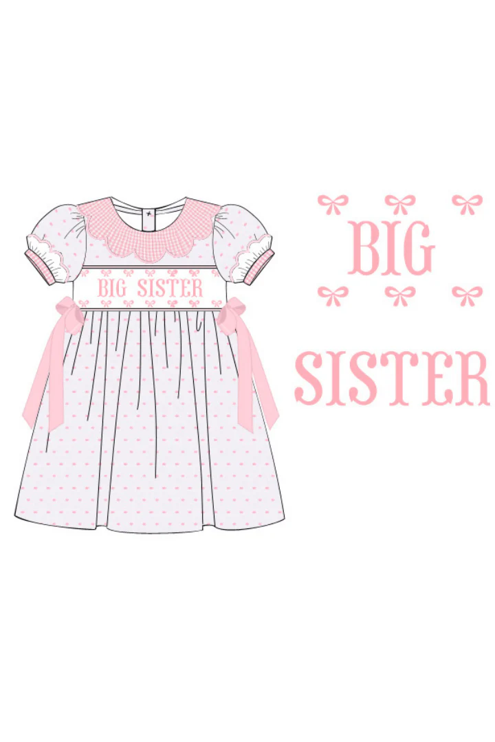 Smocked Big Sister Pink and White Swiss Dot Bow Dress - Image 2