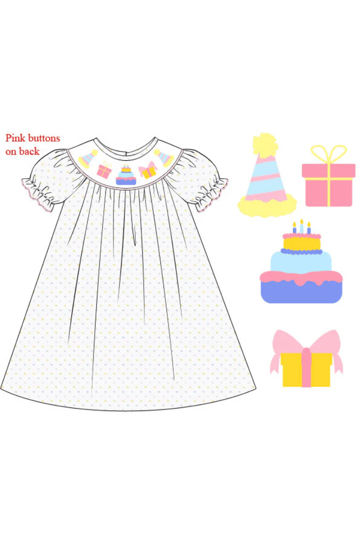 Smocked Birthday Celebration Pastel Swiss Dot Dress - Image 2