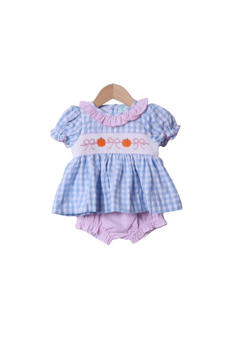 Smocked Blue Gingham Bow Pumpkin Bloomer Set