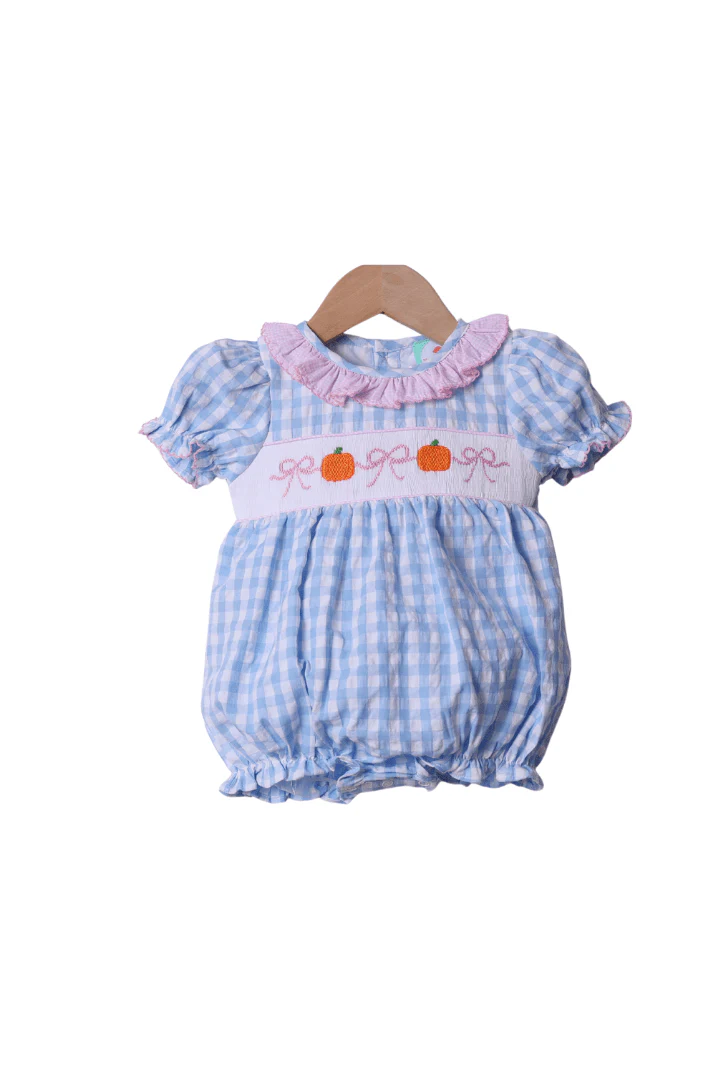 Smocked Blue Gingham Bow Pumpkin Bubble
