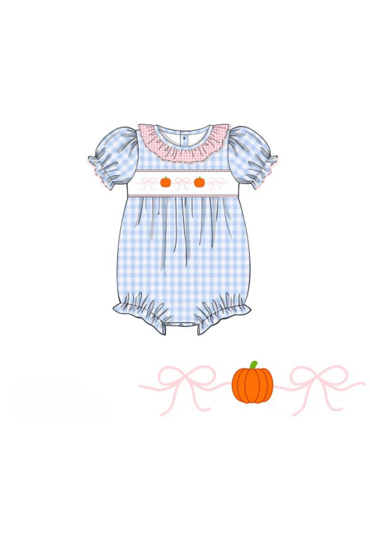 Smocked Blue Gingham Bow Pumpkin Bubble - Image 2