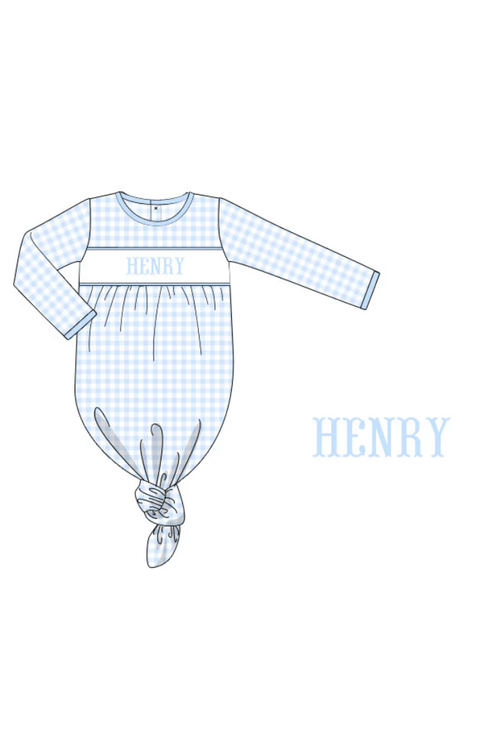 Pre-Order Custom Name Smocked Blue Gingham Knotted Baby Gown