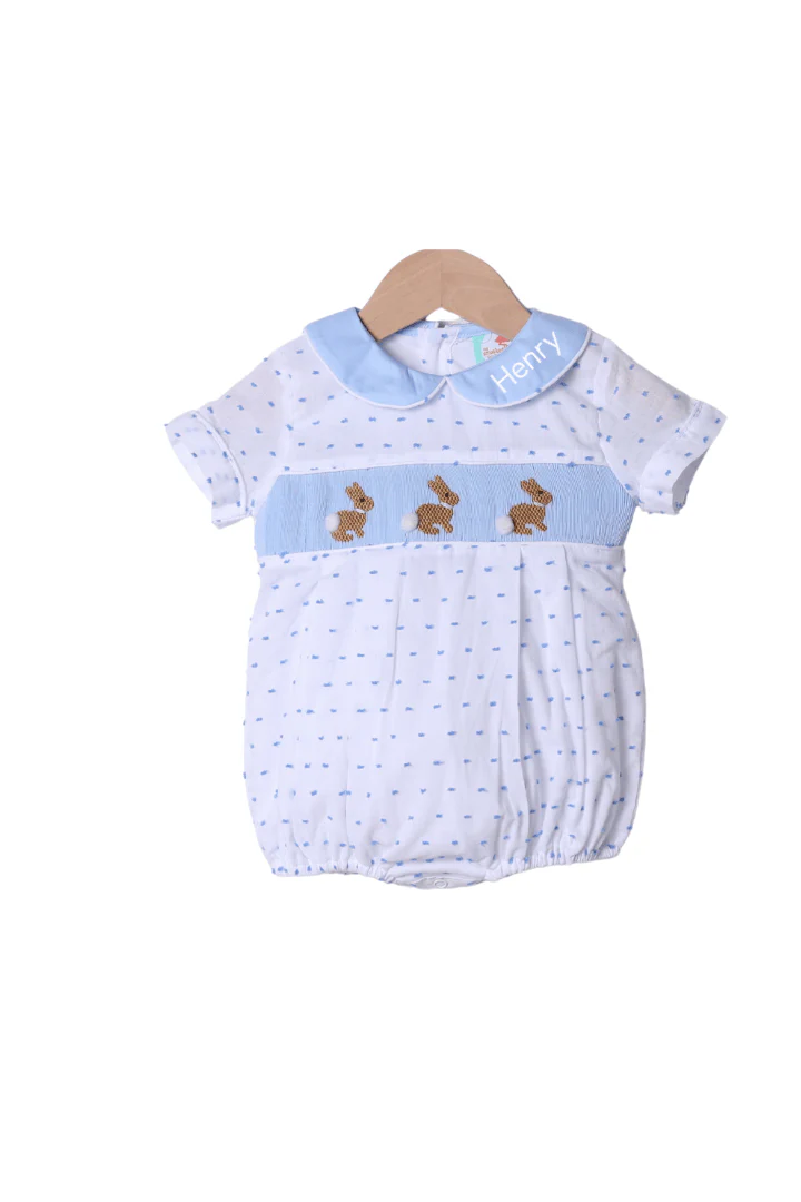 Smocked Blue Swiss Dot Bunny Bubble