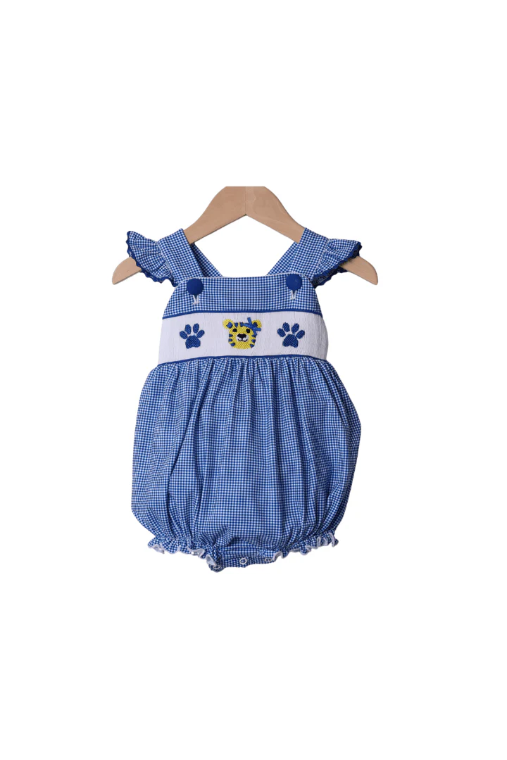 Smocked Blue Wildcat Ruffle Bubble