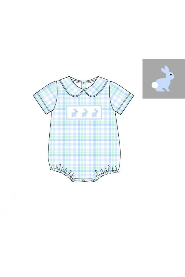Smocked Bunny Blue and Green Plaid Bubble - Image 2