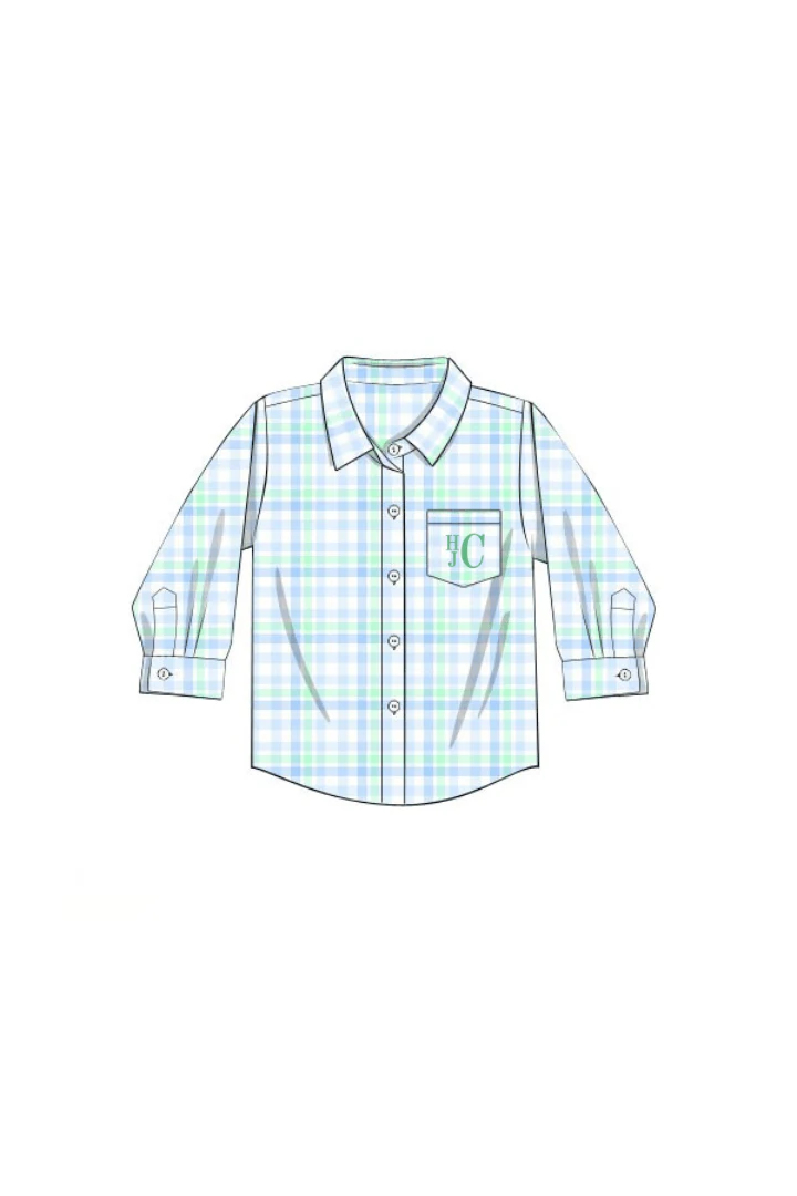 Smocked Bunny Blue and Green Plaid Bubble Button Down - Image 2