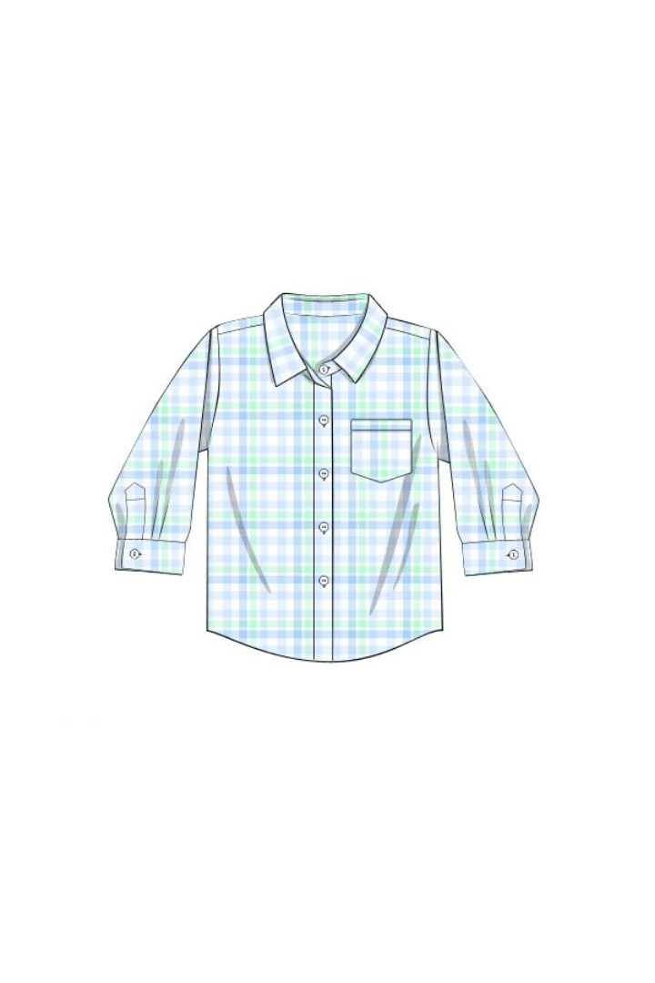Smocked Bunny Blue and Green Plaid Bubble Button Down - Image 3