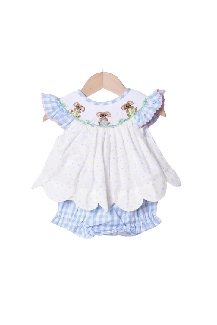 Smocked Bunny Blue Seersucker Gingham Bloomer Set