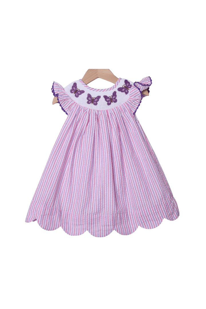 Smocked Butterfly Lavender and Pink Seersucker Dress