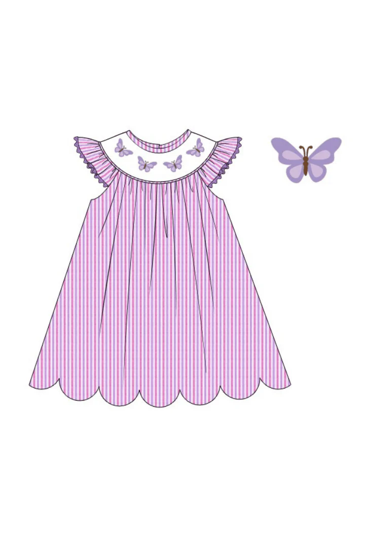 Smocked Butterfly Lavender and Pink Seersucker Dress - Image 2