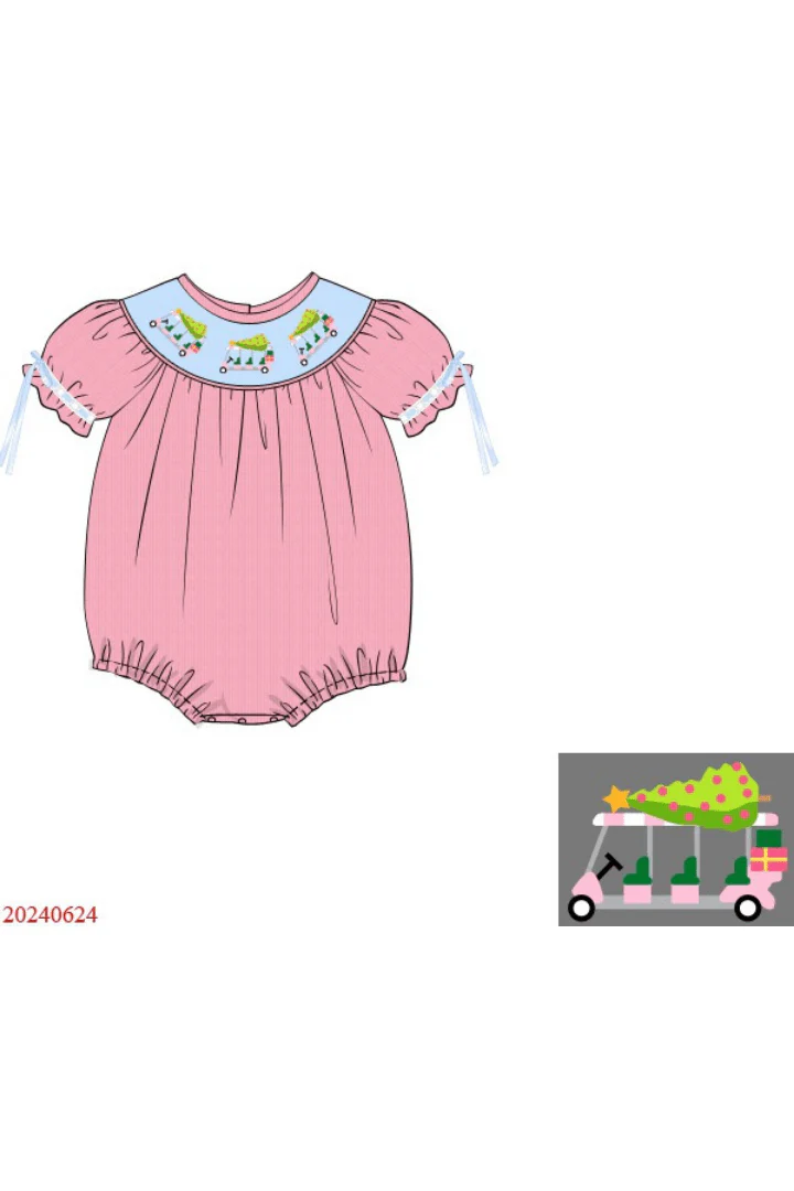 Smocked Christmas Golf Cart Pink Corduroy Bubble - Image 2