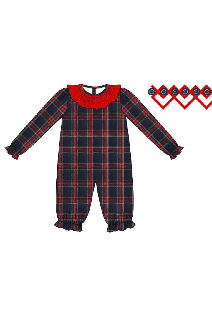 Smocked Christmas Navy Tartan Plaid Ruffle Romper - Image 2