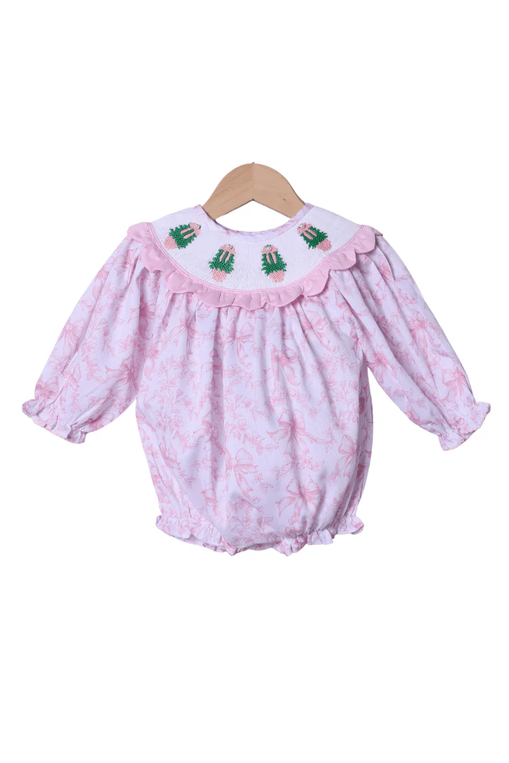 Smocked Christmas Tree Pink Floral Pearl Scalloped Bubble