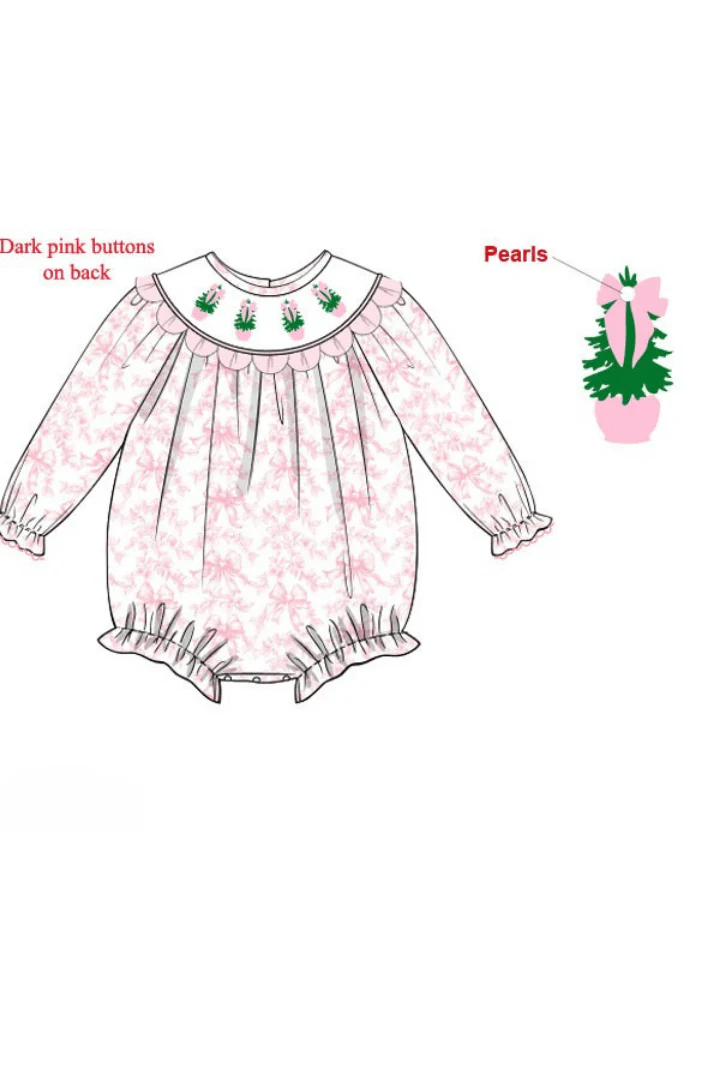 Smocked Christmas Tree Pink Floral Pearl Scalloped Bubble - Image 2