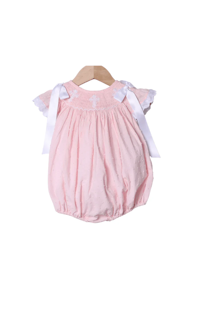 Smocked Cross Pink Swiss Dot Bow Bubble