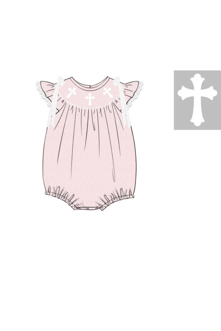 Smocked Cross Pink Swiss Dot Bow Bubble - Image 2
