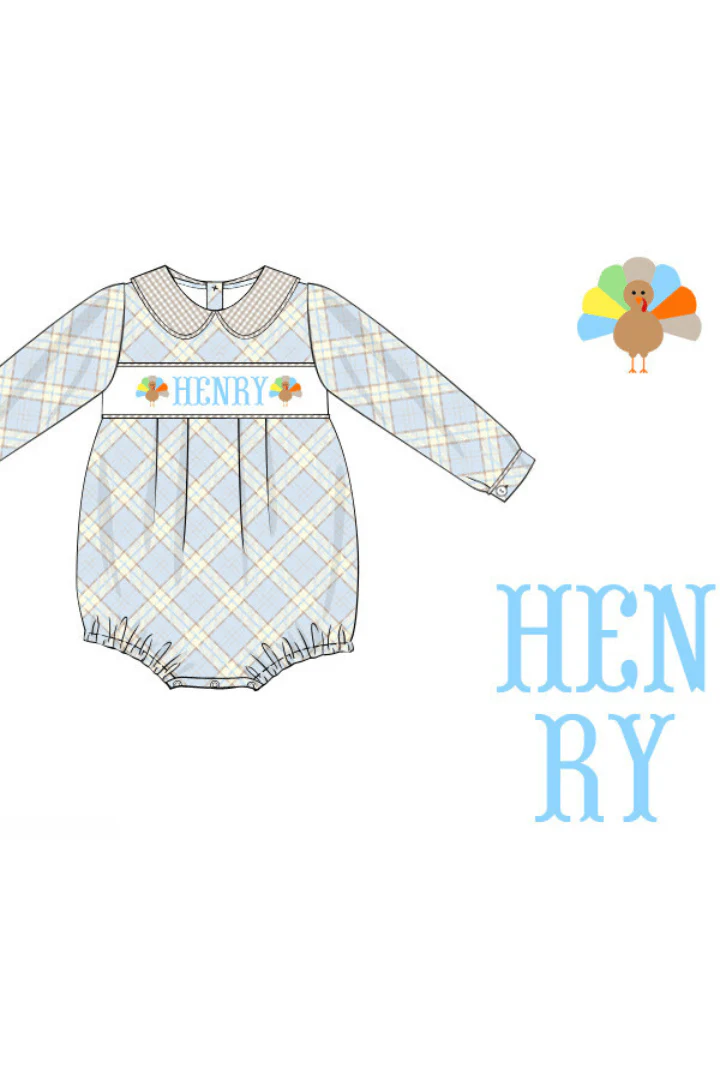 Pre-Order Smocked Custom Name Blue and Khaki Plaid Bubble