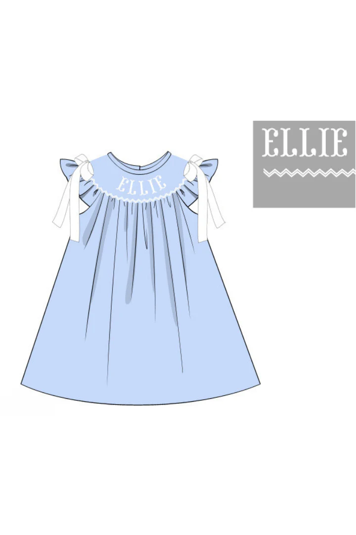 Pre-Order Smocked Custom Name Blue Pique Dress