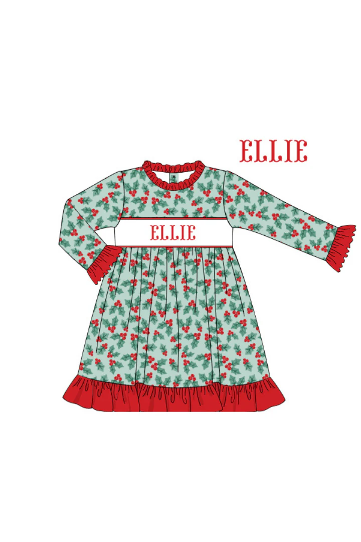 Pre-Order Smocked Custom Name Holly Christmas Trimmings - Image 6