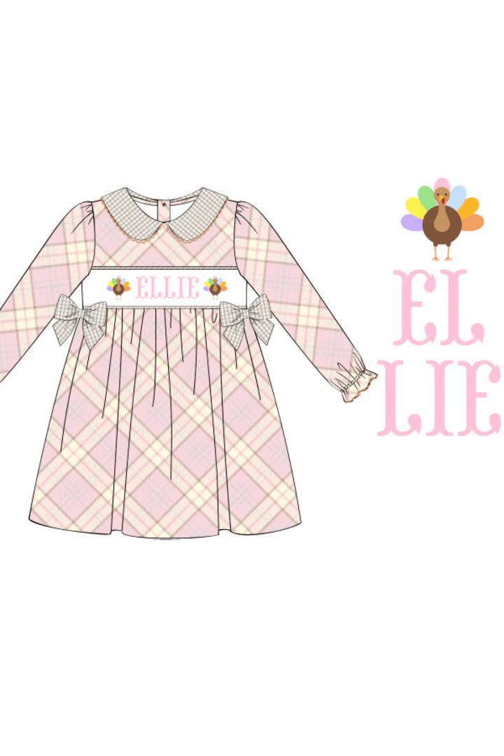 Pre-Order Smocked Custom Name Pink and Khaki Dress