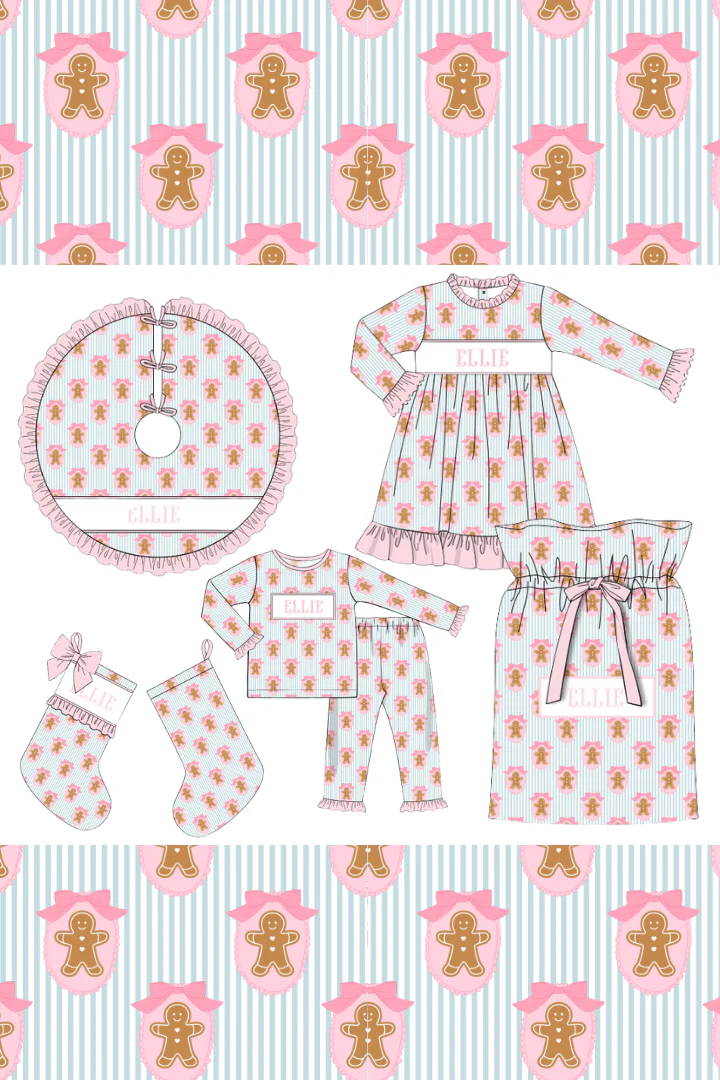 Pre-Order Smocked Custom Name Pink Gingerbread Lane Trimmings